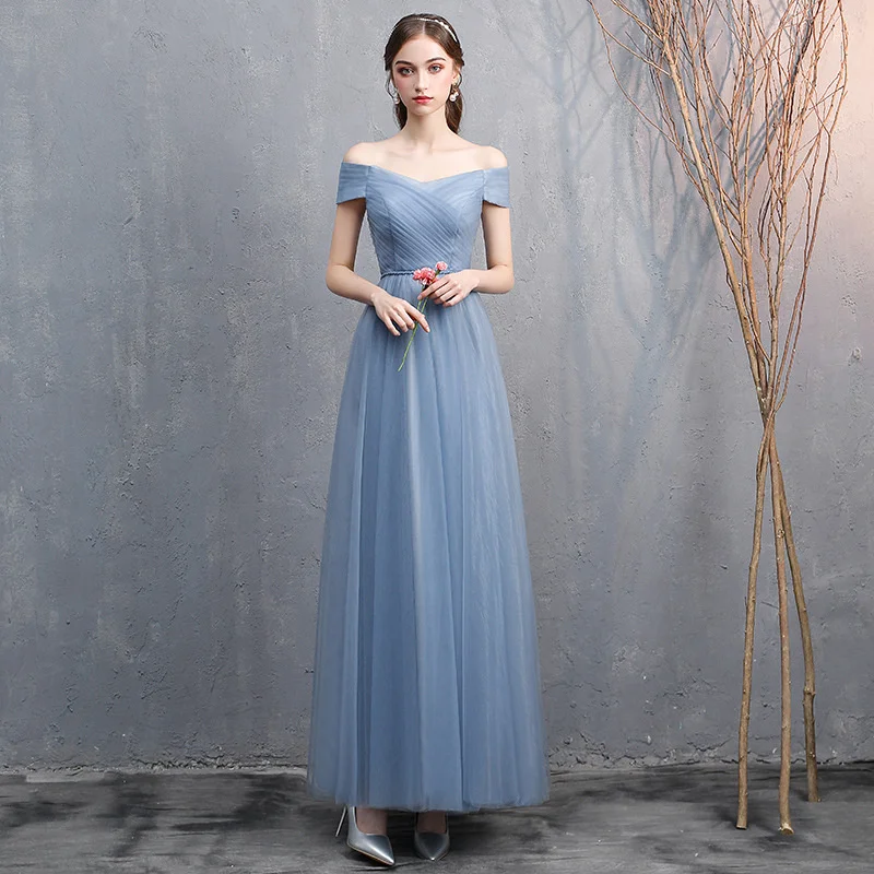 

2023 New Bride Clothes Women's Korean Version Gray-blue One Shoulder Sister Ferri Temperature Banquet Clothes evening dress