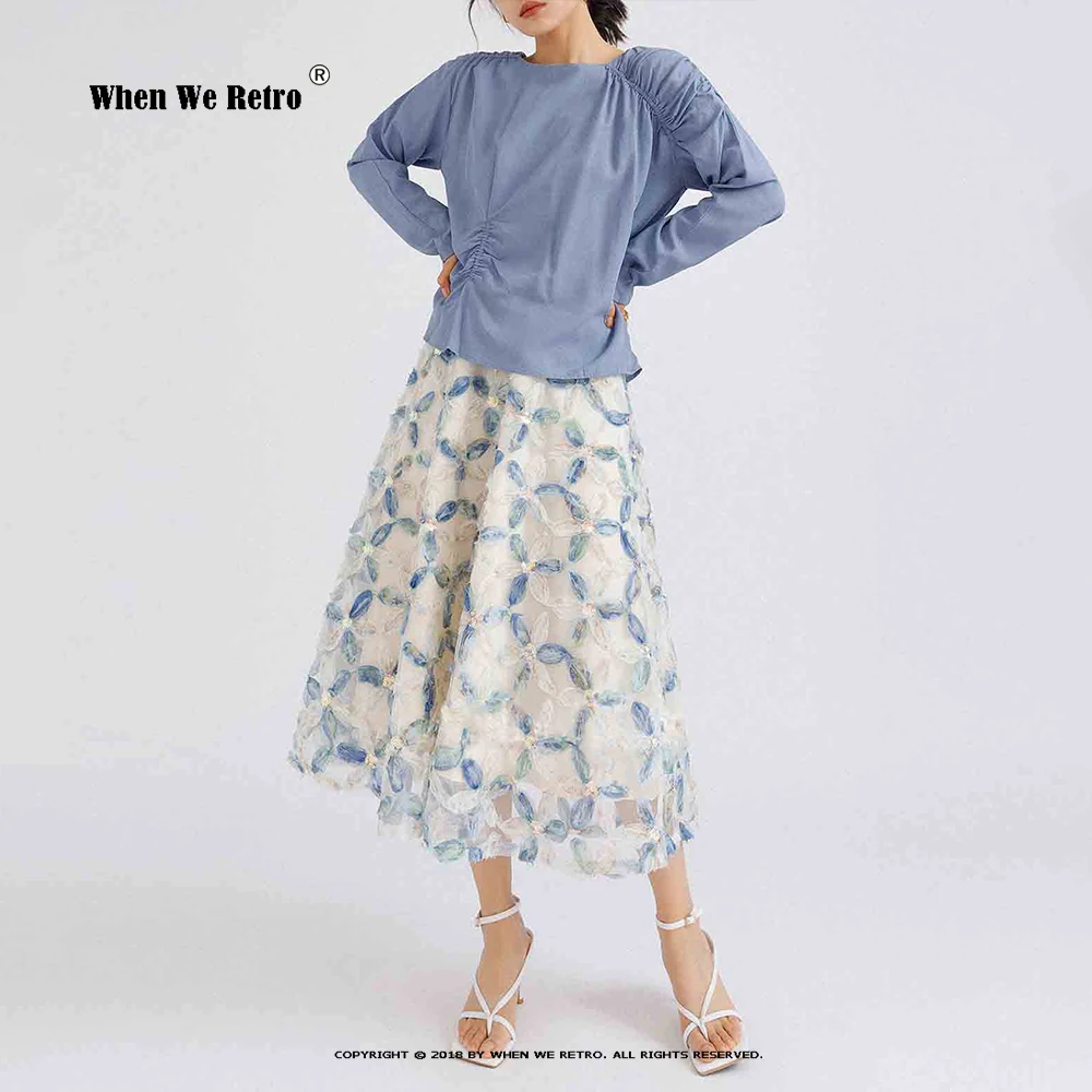 

Женская длинная юбка с блестками, голубая сетчатая юбка средней длины с трехмерными цветами, модель RS425 на лето, 2023