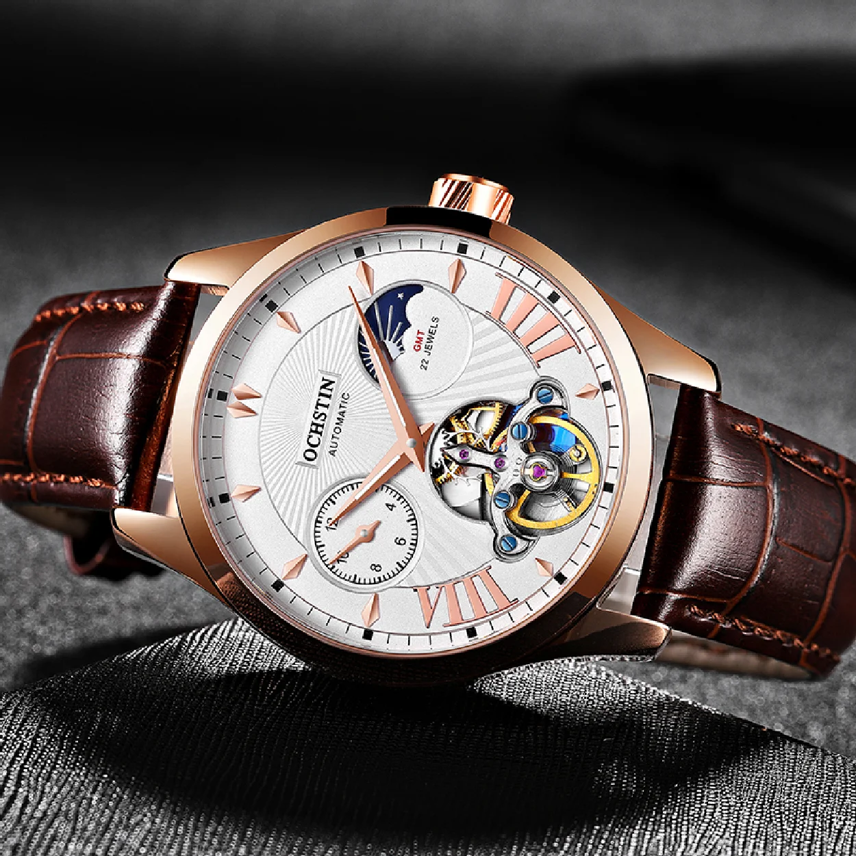 

OCHSTIN Fashion Rose Case Mens Luxury White Moon Phase Dial Design Waterproof Elegant Automatic Mechanical Watch Genuine Leather