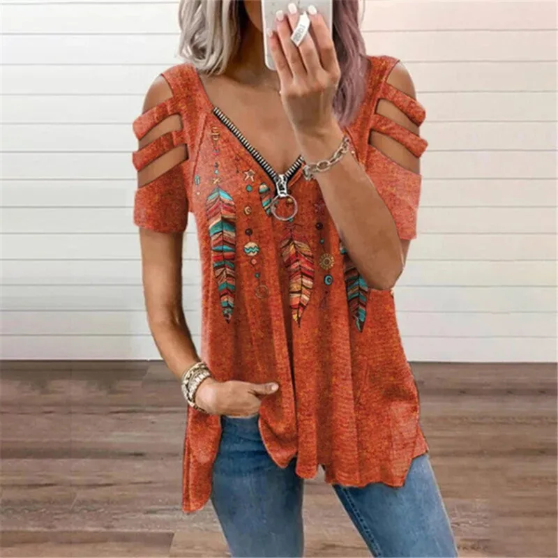 

Streetwear Casual Fashion V-neck Zipper Ladies Tops Shirts Off Shoulder Short Sleeve Feathers Print Sexy Women T shirt