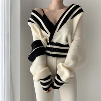 patchwork coat for women v neck lantern long sleeve striped hit color knitting cardigan female 2022 autumn new style