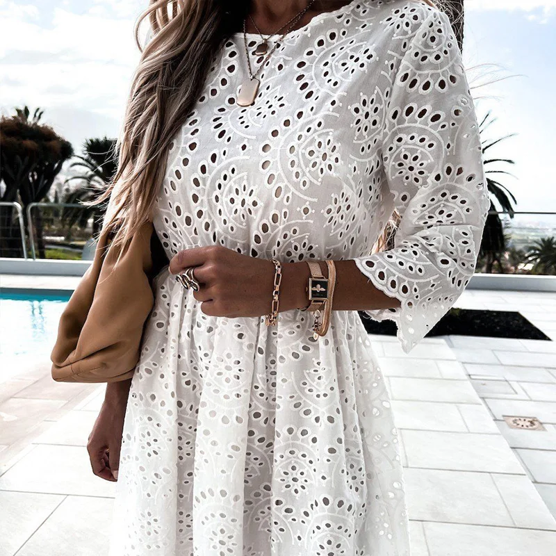 

Летнее повседневное белое пляжное платье, женское Плиссированное Платье из искусственной кожи с круглым вырезом и поясом, Привлекательное платье-трапеция с вышивкой и рукавом 3/4, платья