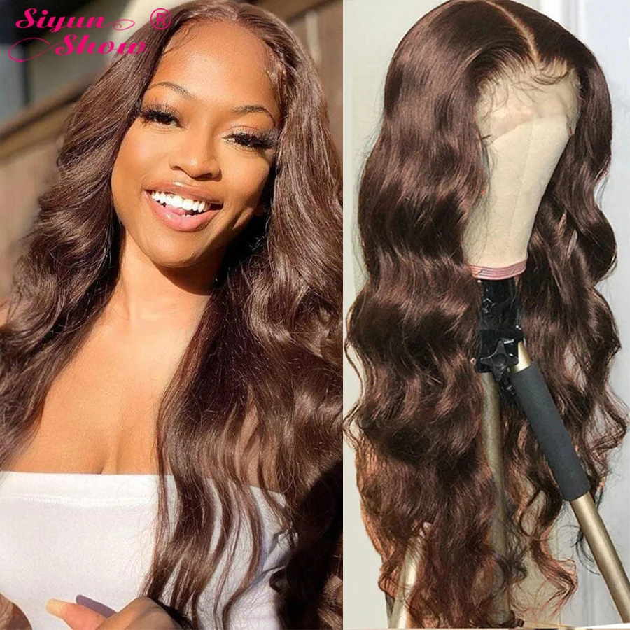 

Siyun Show 32 дюйма, шоколадно-коричневые волнистые передние парики на сетке, Т-образные части, прозрачные передние парики из человеческих волос ...