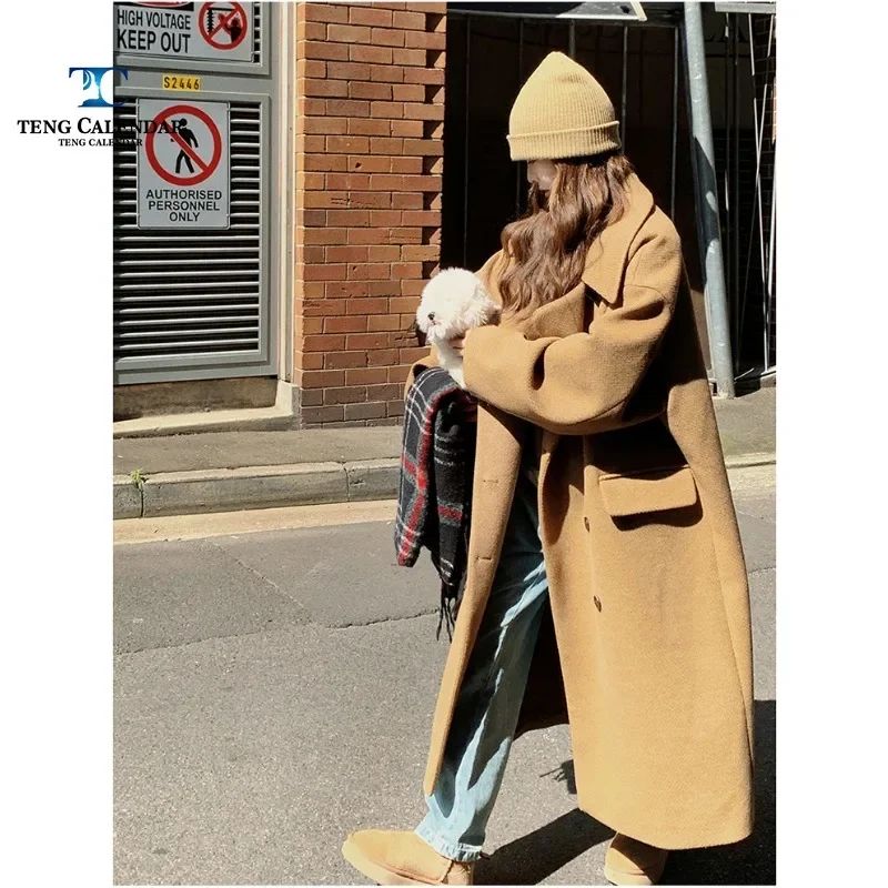 Лидер продаж шерстяное пальто длинное свободное толстое верблюжьего цвета в