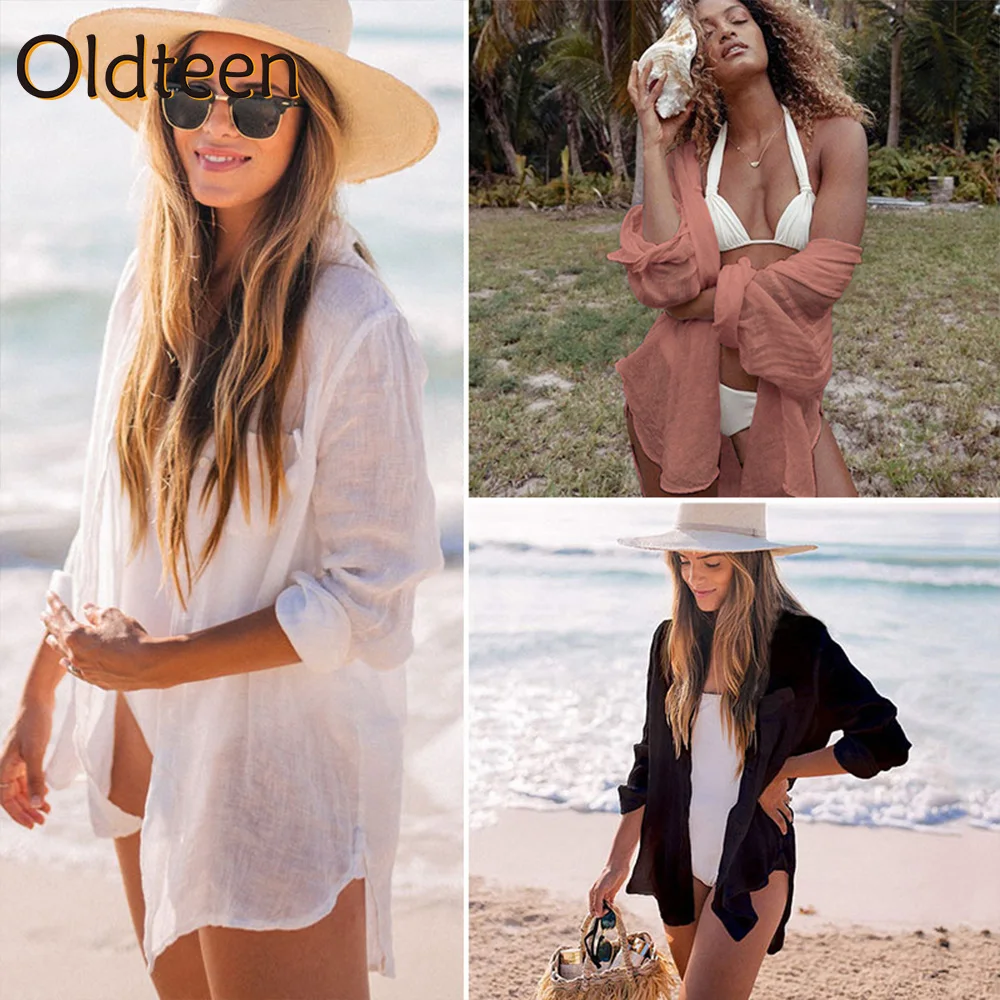 

2022 Black Fashion Classic Women Street Wear Sexy Long Sleeve Turn Down Collar Summer Shirt Dress Beach Wear Swim Suit Cover Ups