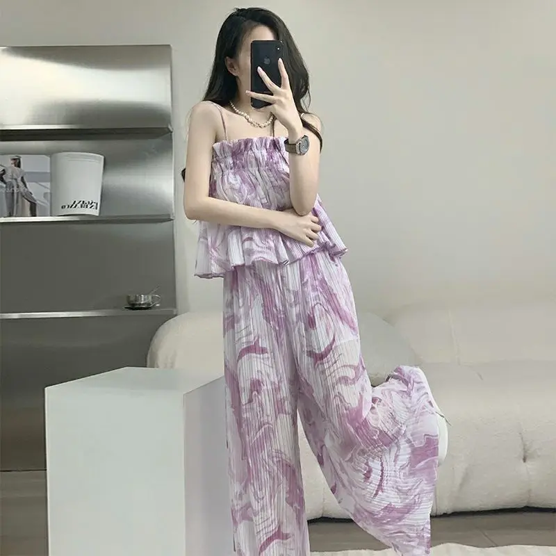 

Women 2022 Summer New Fashion Print Two Pieces Set Female Tank Blouse Top + Wide Leg Pants Ladies Casual 2 Piece Suit Outfit I34