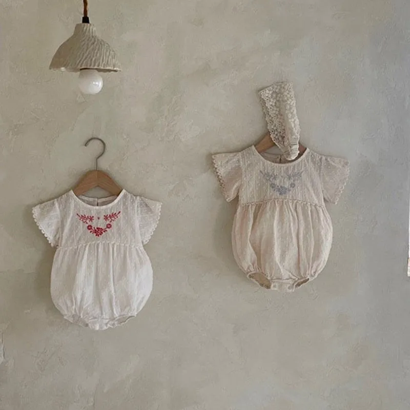 

Sweet Infant Girl Flower Embroidery Flying Sleeves Jumpsuit Solid Retro Breathable Thin Baby Girls Bodysuit Kid Clothes