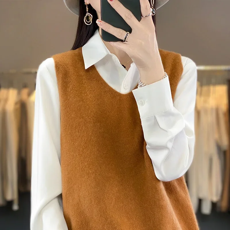 Модный свободный жилет из чистой шерсти верхняя вязаная одежда женский