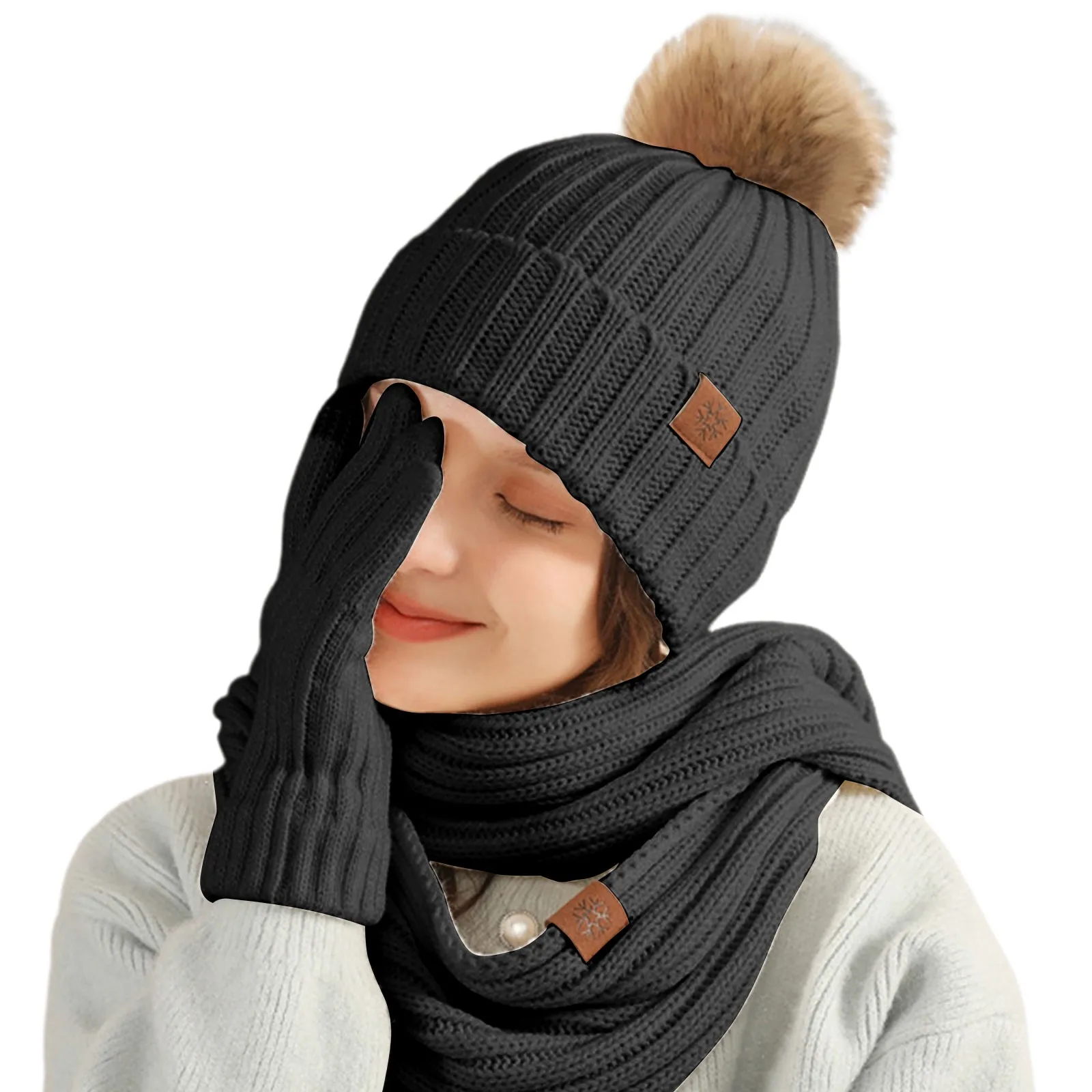 

Шапка шарф и перчатки Комплект из трех предметов женская шапка бини шапка плотная Шерстяная зимняя теплая вязаная женская шапка с помпонами шарф новый костюм