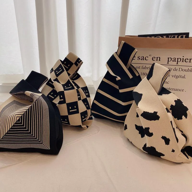 

Handmade Knit Handbag Women Mini Knot Wrist Bag Casual Color Wide Stripe Plaid Tote Bag Student Reusable Shopping Bags 2023