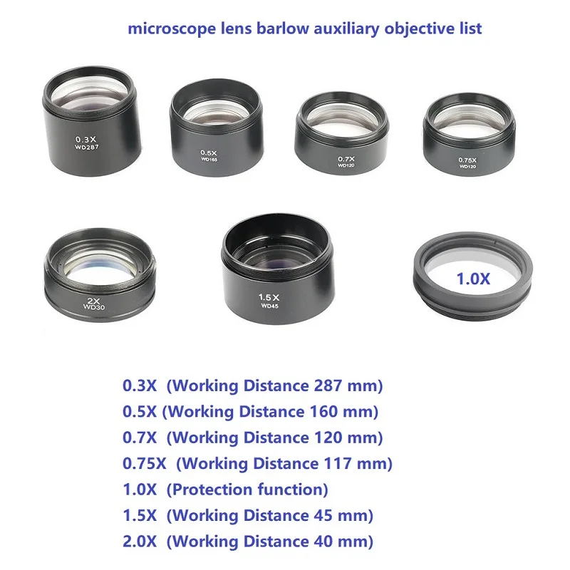 

0.3X 0.5X 0.7X 2.0X 1.5X 1X Microscope Barlow Auxiliary Objective Lens 0.35X 1/2X 0.5X C MOUNT CTV Lens Video Camera Soldering