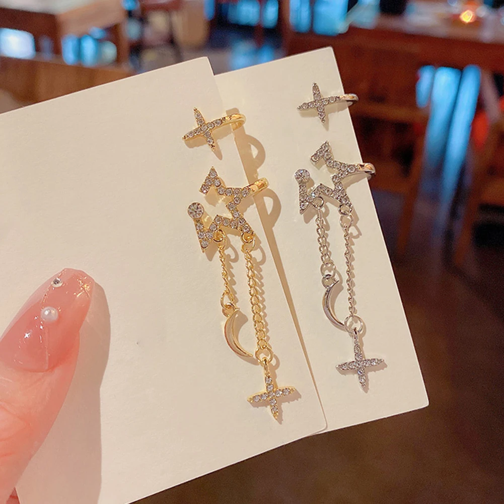 

Women Earring Asymmetrical Long Tassel Earrings Moon Studs Earrings Stars Moon No Pierced Ear Clip Jewelry Star Earrings