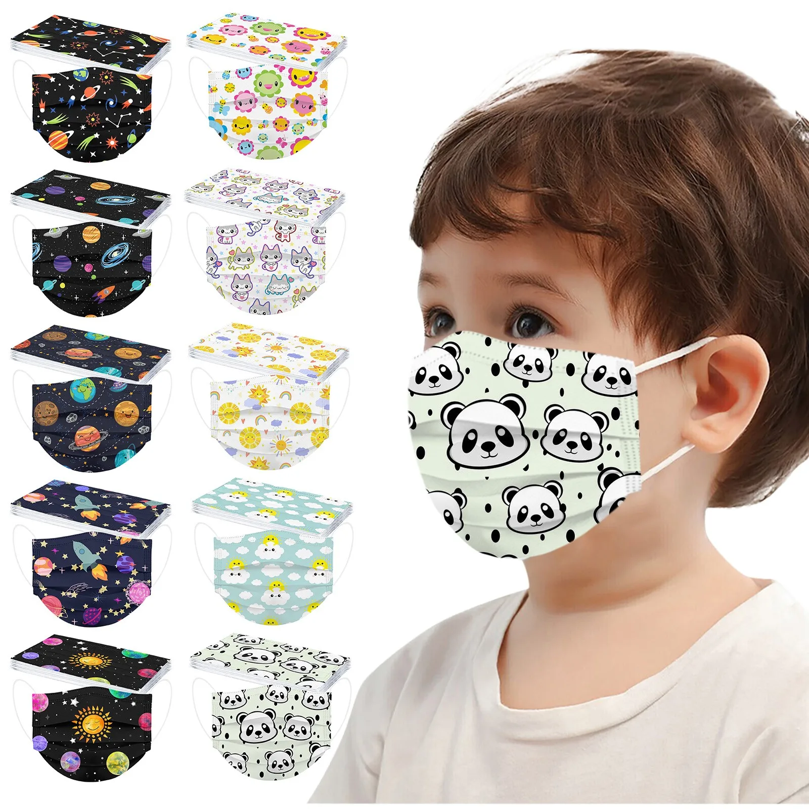 Детская одноразовая маска с мультяшным принтом Защитная ткань 3 слоя лица 10