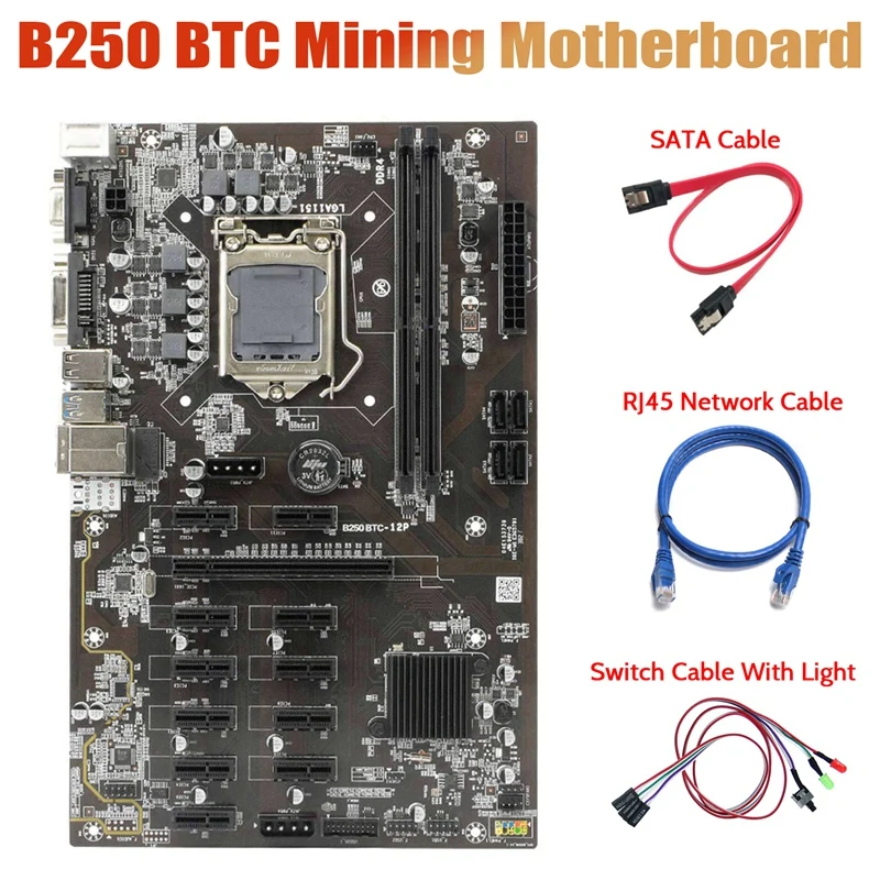 

B250 BTC Mining Motherboard With Switch Cable With Light+RJ45 Cable+SATA Cable 12Xgraphics Card Slot For BTC Miner