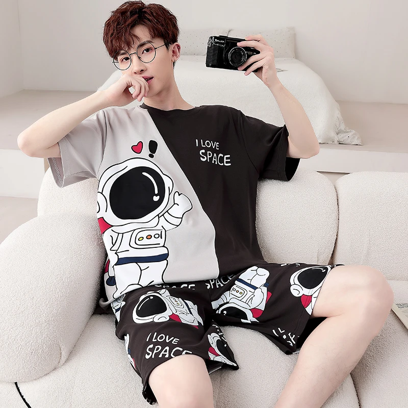 Korean Women Men Pajama Sets Summer Short Sleeve Sleepwear Women Astronaut Print Pyjama Suit Loose Boys Girls Pijama Mujer