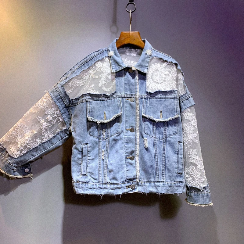 Harajuku винтажная кружевная джинсовая куртка с цветочным принтом и потертыми