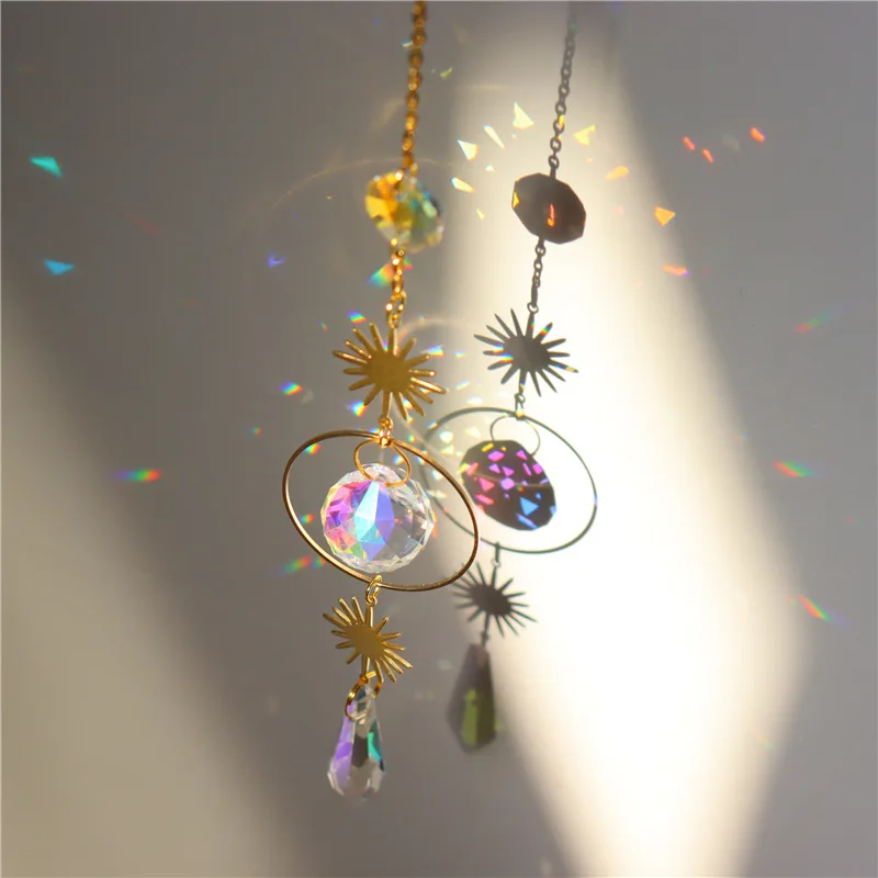 

Raw Crystal Sun Catcher Moon Star Celestial Rainbow Maker Hanging Pendant Car Prism Mirror Window Garden Fairy Witchy Decor Gift