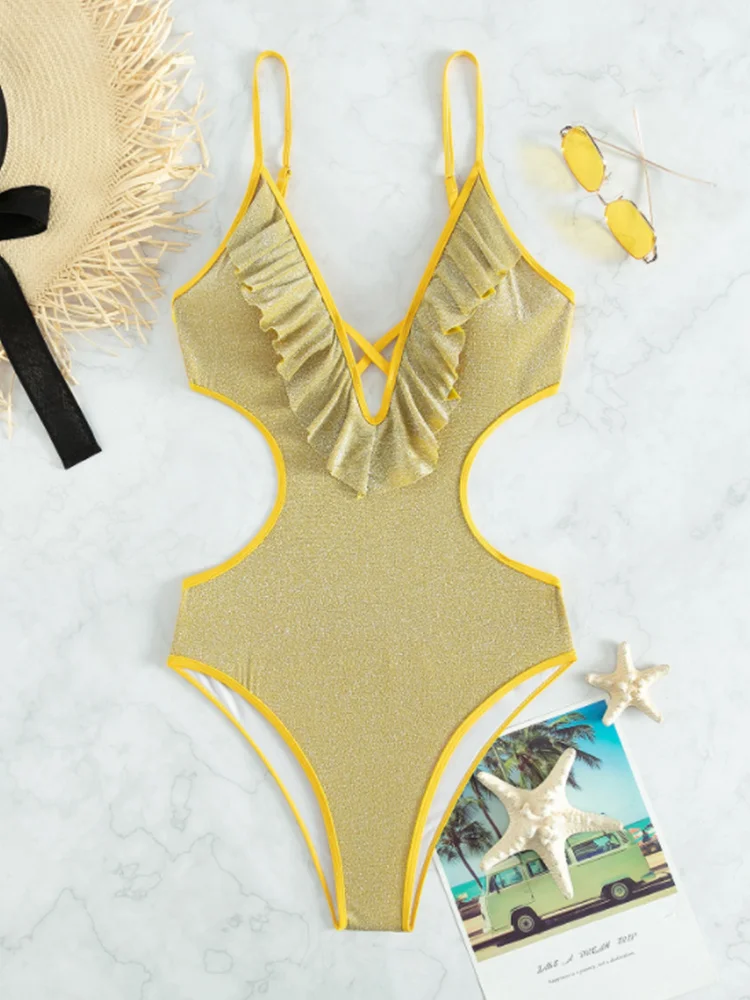 

Miyouj Блестящий купальник сексуальные цельные костюмы пуш-ап купальники женские 2022 новейшая пляжная одежда с оборками купальный костюм женс...