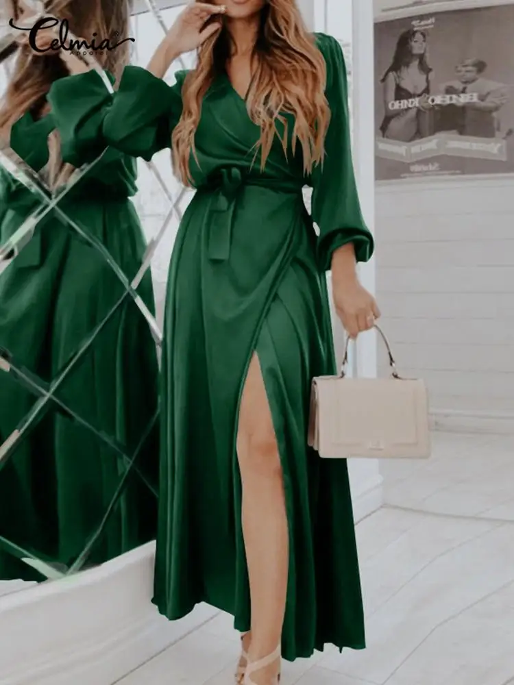 

Celmia Satin Pleated Long Vestidos Split Wrap V-neck Long Puff Sleeve Women Party Robes Elegant Casual 2022 Fashion Maxi Dresses