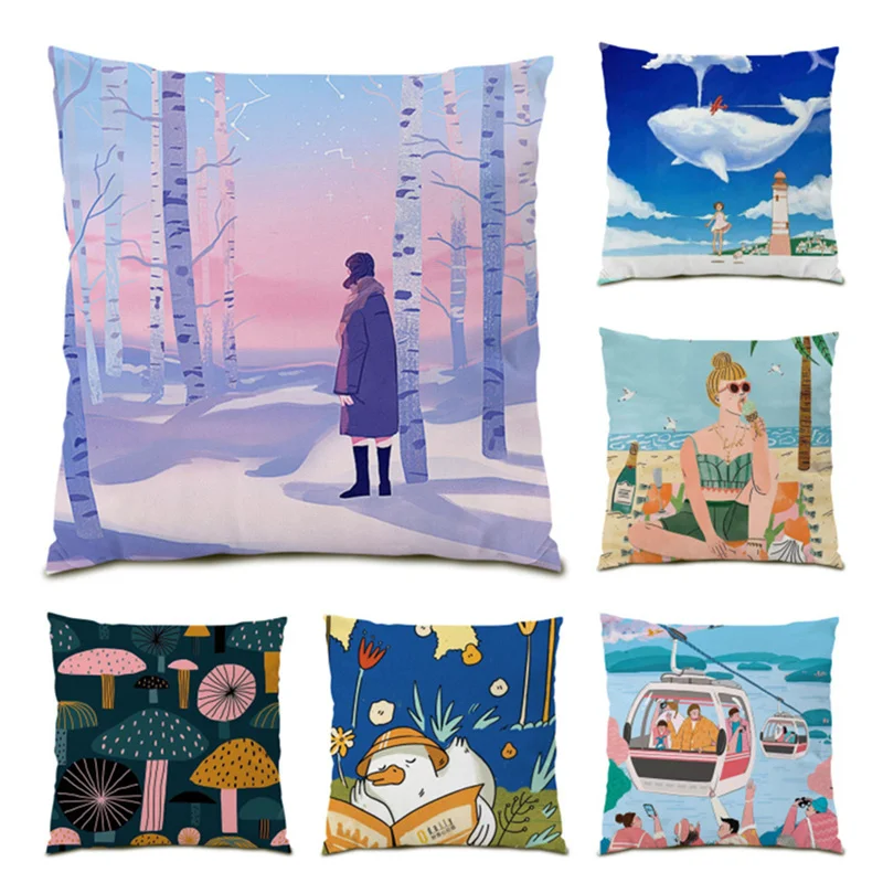 

Cartoon Cushion Cover Decorative Polyester Linen Sofa Living Room Vintage Decoration Pillowcases Home Decor Retro Velvet E0513