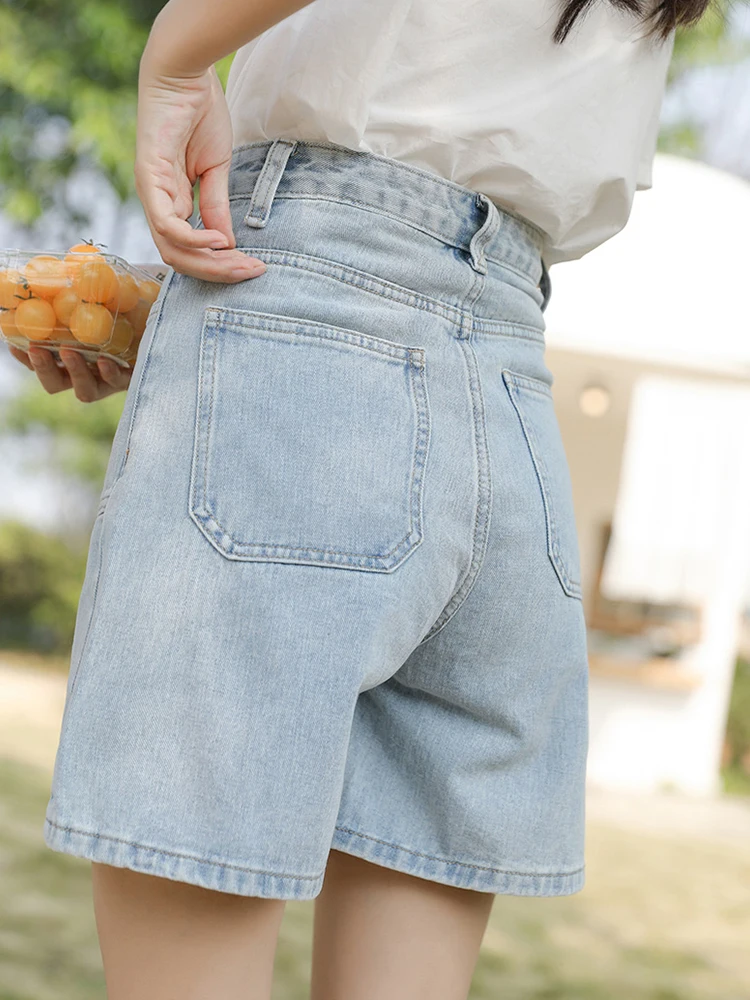 New Summer Women Straight Loose Blue Denim Shorts Streetwear Female High Waist Button Pocket Jeans Shorts Bottoms