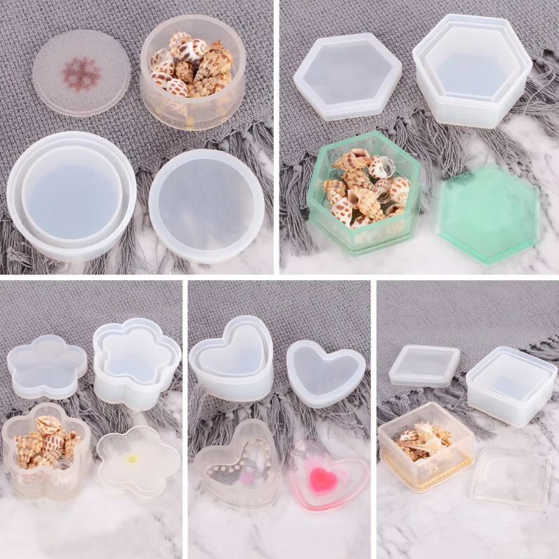 

Hexagonal Jewelry Box Silicone Mold Maker Swing Table Plum Blossom Love Round Square Mirror Resin Mold