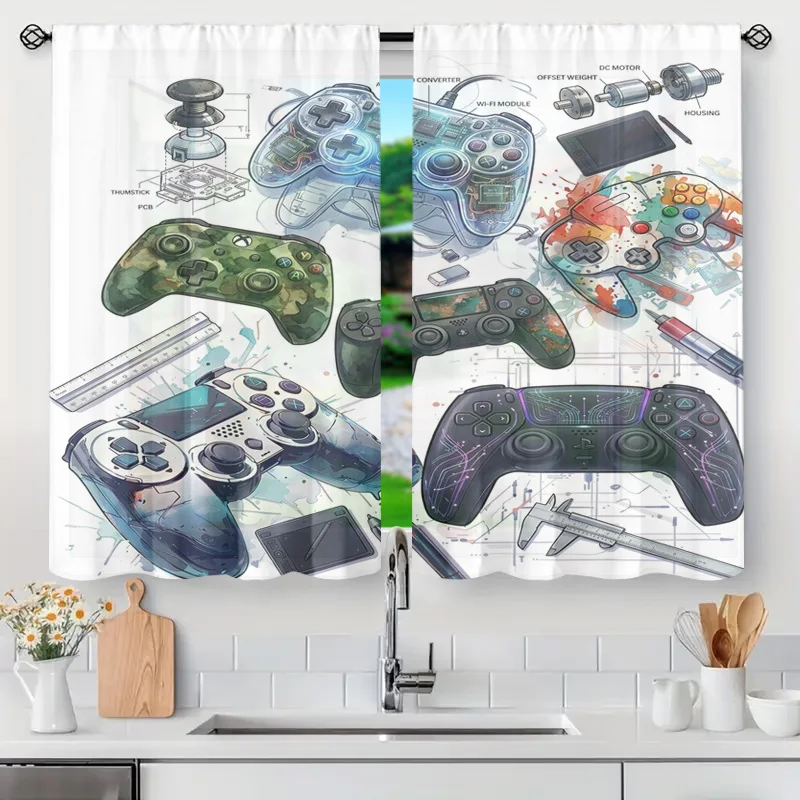 Фото Декоративные шторы для игровой комнаты с схемой контроллера Blueprint Game Controller, поп-арт для гиков, оконные занавески с платой PCB, техно-декор для стримеров №1