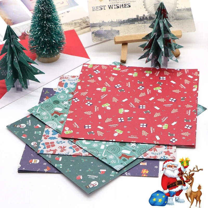 Square Christmas Handmade Stationery Origami Printing Colorful Laminated Paper Material Christmas Tree Paper Card YHCZ360