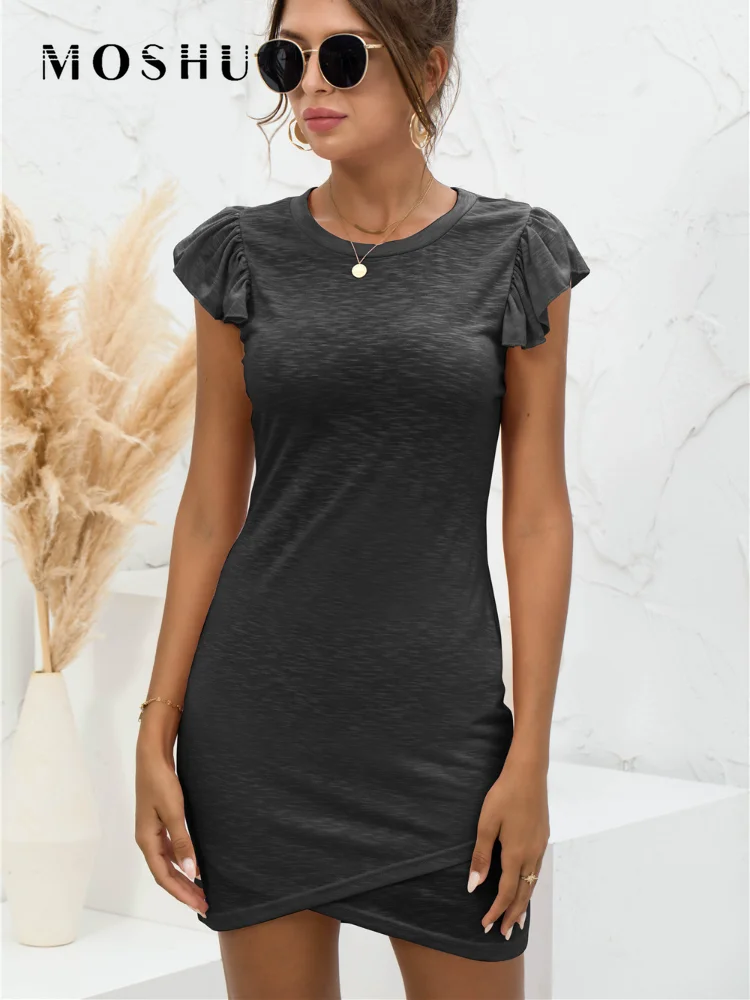 Summer Dress Women Ruffled Beach Bodycon Slim Sundress Casual Short-Sleeved Mini Green Short Vocation Vestido De Mujer |