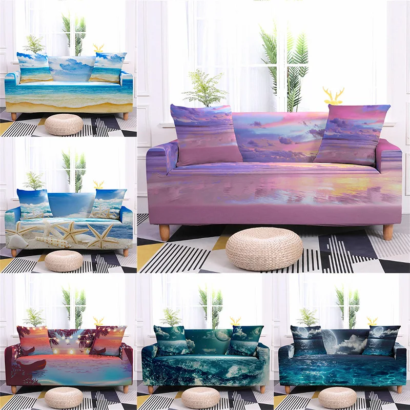 

Summer Ocean Beach Printed Elastic Sofa Cover All Inclusive Spandex Sofa Covers for Living Room Sectional Sofa Cushion Cover 1PC