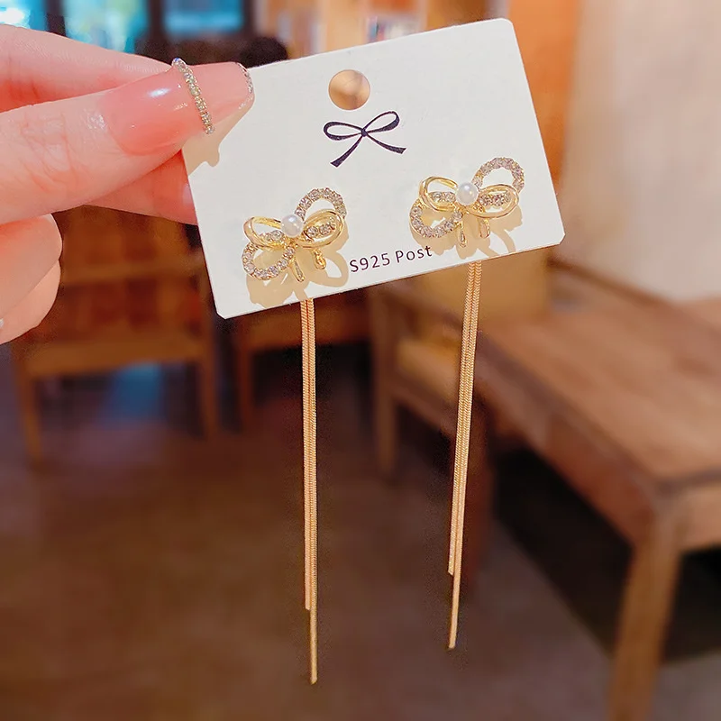 

S925 silver needle long tassel Bow Earrings women's one two wear light luxury temperament diamond studded Earrings versatile