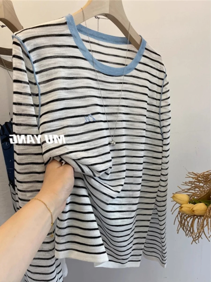 Leak-Picking Women clothes Big Brand Clearance Contrast Color Stripe round Neck Ice Silk Sun Protection Long sleeves Shirt Su...