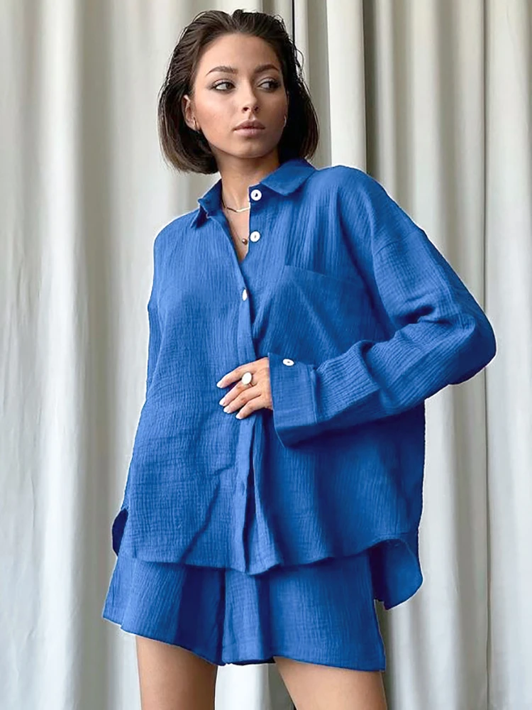 

Пижамный комплект Linad женский из 2 предметов, хлопковая одежда для сна с длинным рукавом, повседневные домашние костюмы с шортами, однотонны...