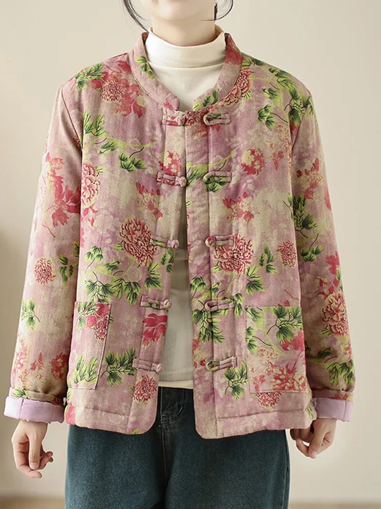 Утепленная хлопковая куртка с широкой талией в китайском стиле ретро женская