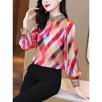 vintage printed lace spliced stand collar long sleeve blouse oversized loose spring autumn womens clothing tops elegant shirt