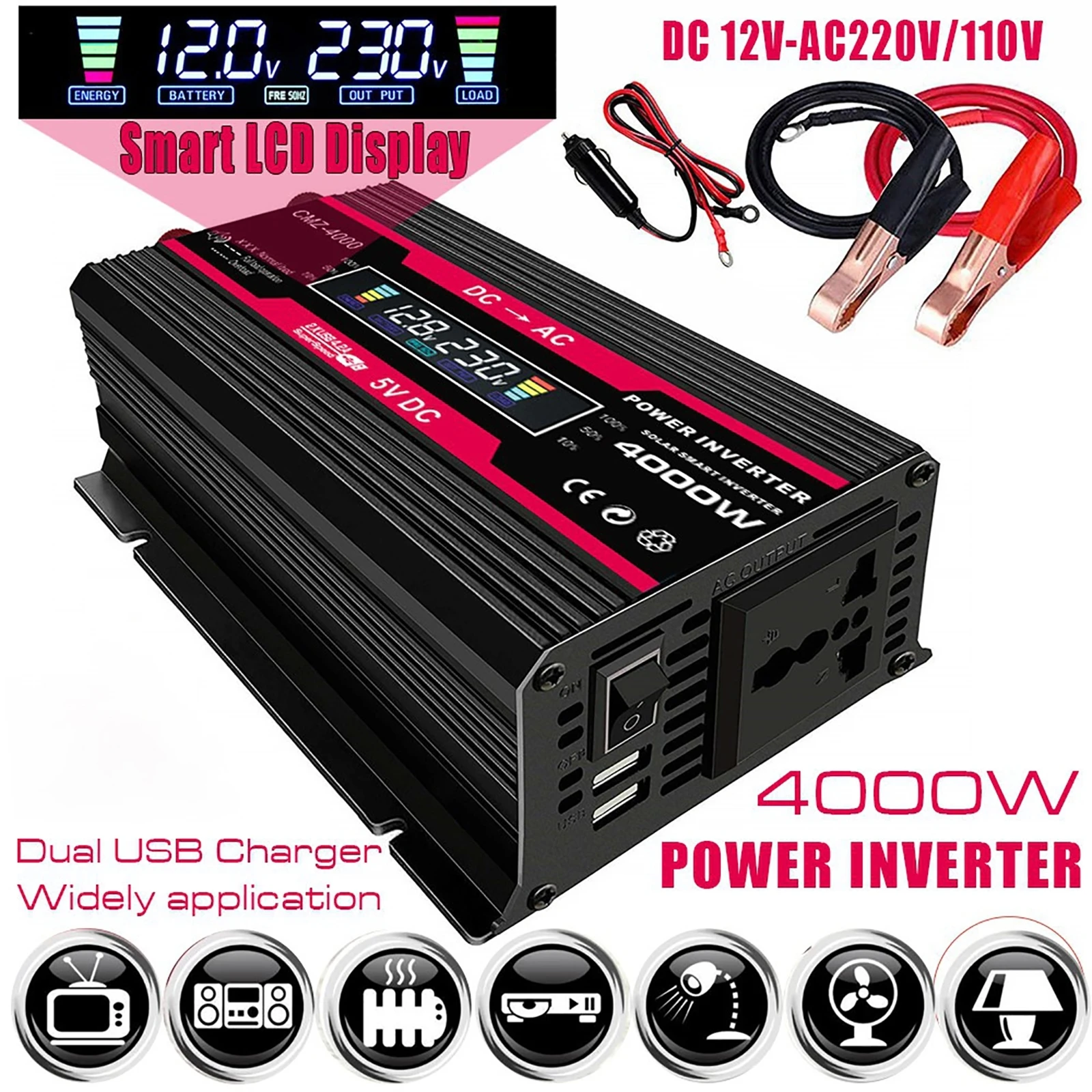 

12V To 110V/220V 4000W Power Inverter LCD Display Modified Sine Wave Solar Inverter Dual USB Fast Charging for Phone Laptops Car