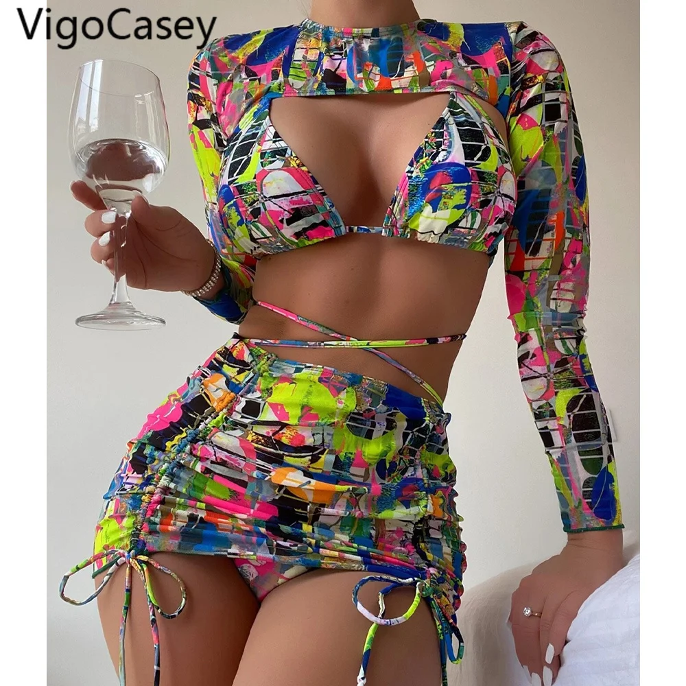 Комплект бикини женский с длинным рукавом и юбкой эффектом пуш-ап