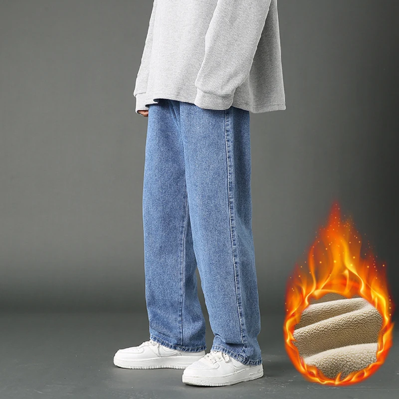 

Streetwear Men's Fleece Warm Baggy Jeans New Winter Elastic Waist Straight Wide Leg Pants Male Denim Trousers Black Light Blue