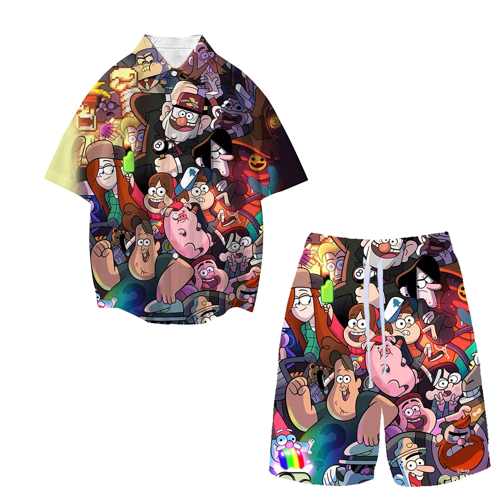 

Повседневная Свободная рубашка с принтом Диснея Гравити Фолз, топы для мальчиков и девочек, детские короткие брюки, костюмы, мужские и женские рубашки с отложным воротником и короткими рукавами, комплект