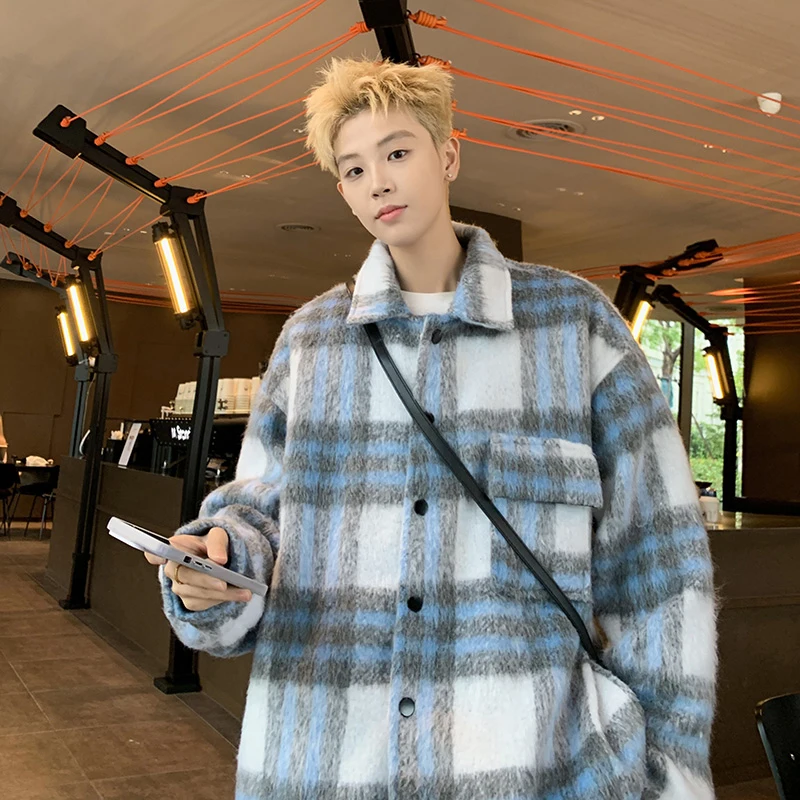 Graceful Wool coat Men's Autumn and Winter Korean Fashion Plaid Outerwear Japan fashion Retro Lapel Woolen Jacket