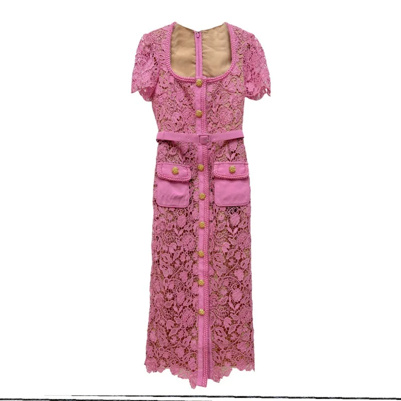 Женское однобортное платье миди привлекательное розовое с водорастворимым