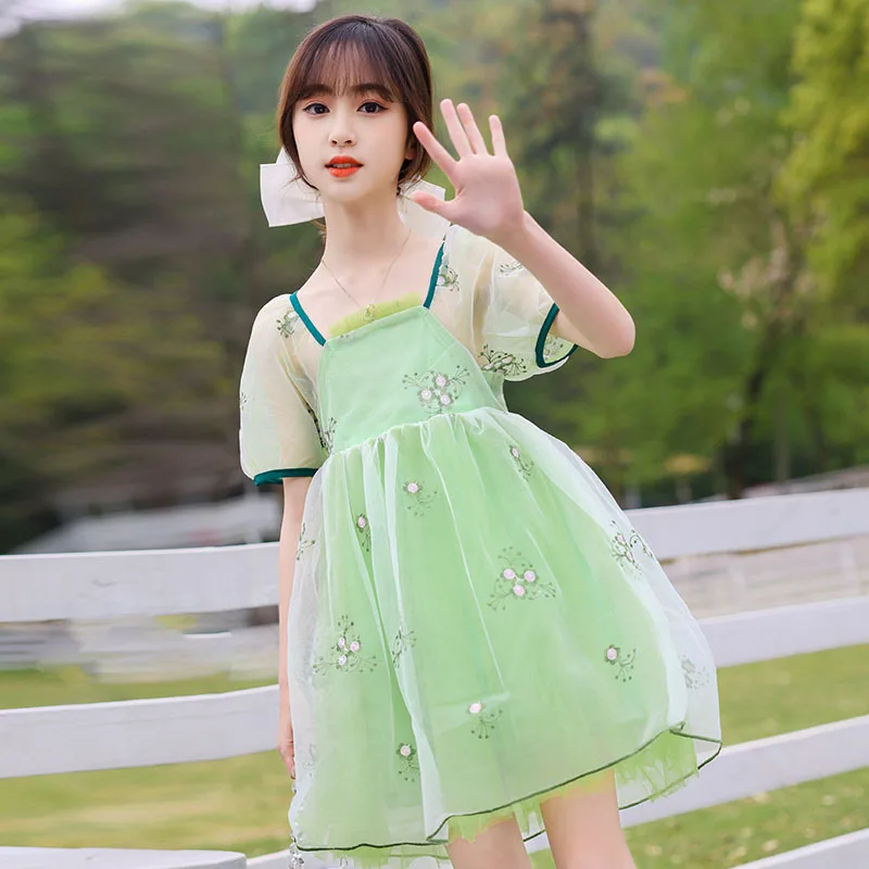 

2022 Summer New Girls Long Dress Floral sunback clothes Beach mesh lace shoulderless bow Teen Korean dresses 6 8 9 10 12 Year