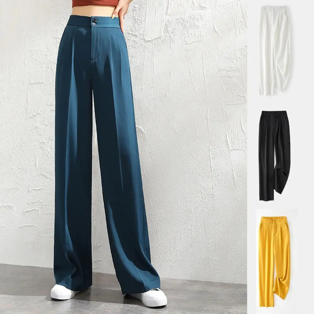 

Solid Color High Waist Slant Pockets Woman Pants Straight Wide Leg Draped Office Pants Female Clothing