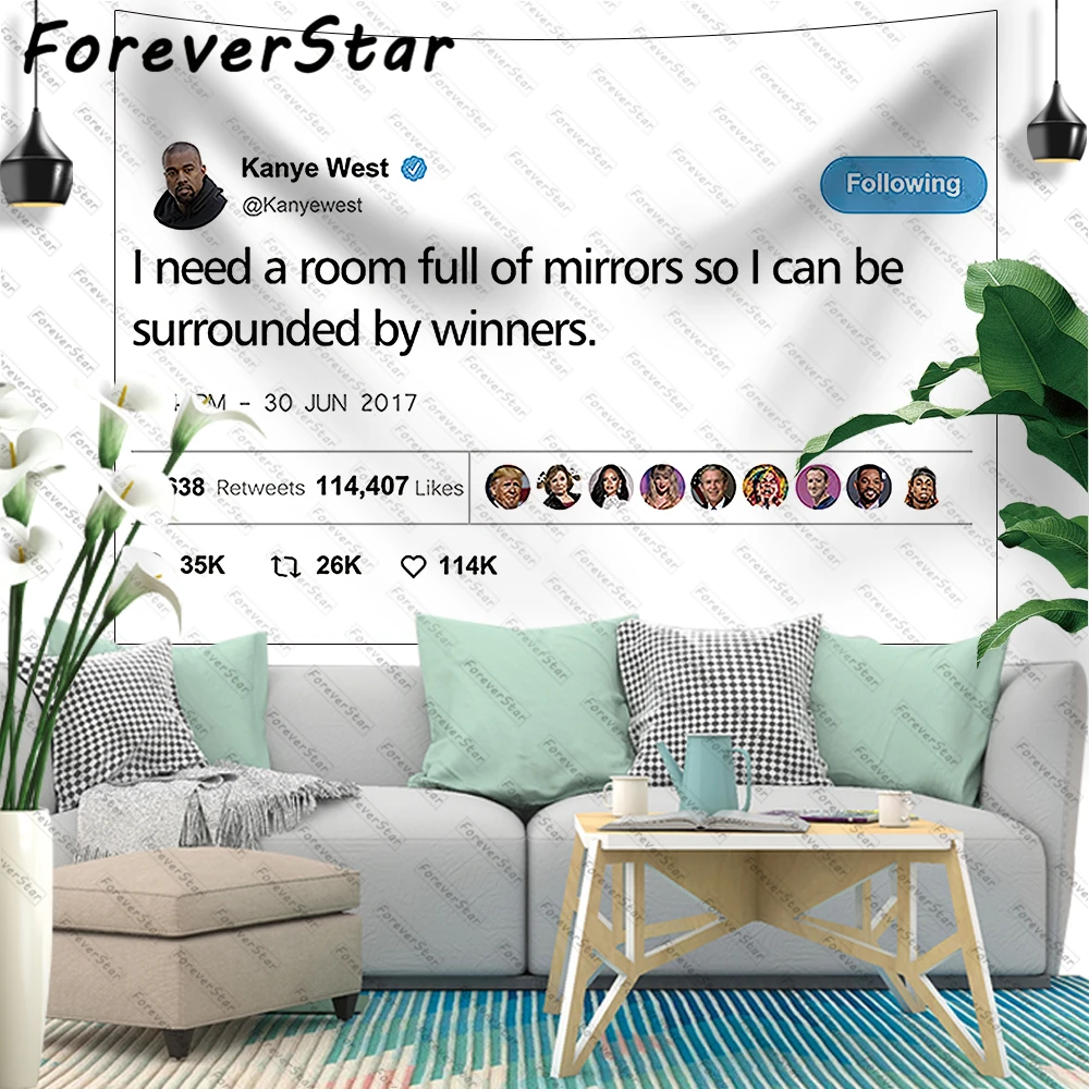 

ForeverStar New Kanye West Rapper Funny Mirrors Tweet Funny Tapestry Wall bedroom Art Wall Hanging Tapestries Home Decor Gift