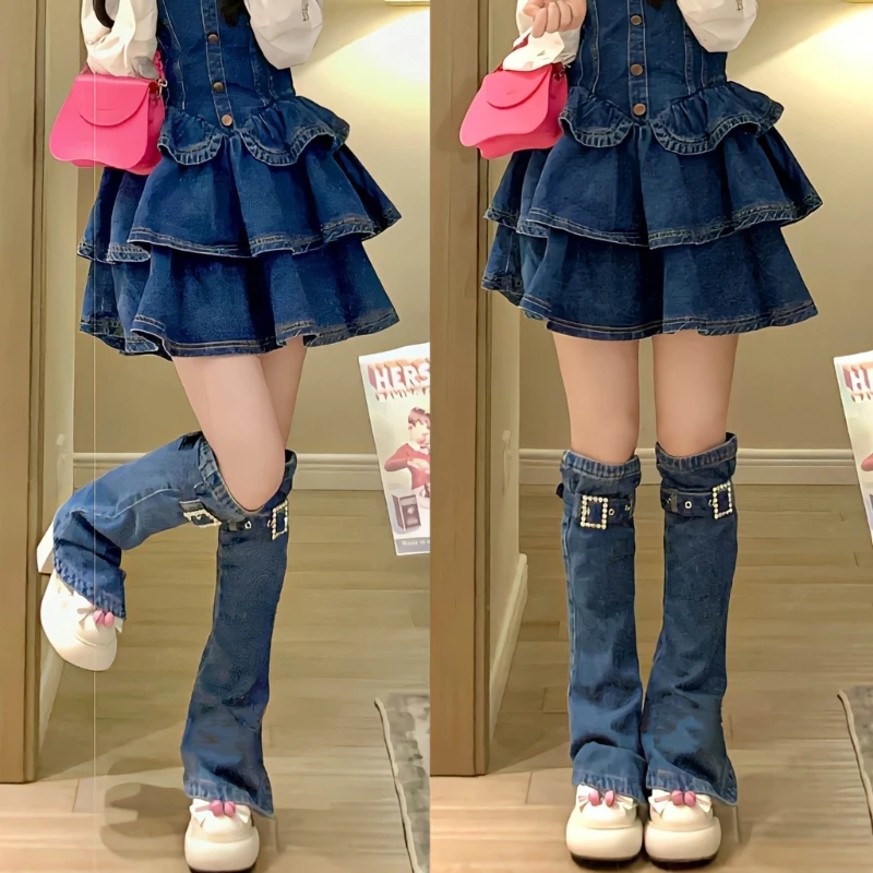 

Winter Autumn Denim Leg Warmer Gothic Rhinestones Buckles Adjustable Bandage Foot Cover Flared Knee High Socks for Women Y08E