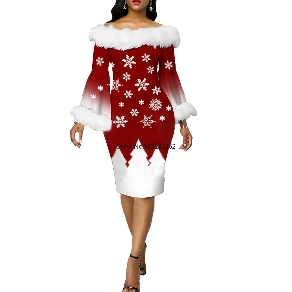 

Christmas Dress Bodycon Dress Autumn Winter Women Long Sleeve Printing Slash Neck Polyester Knee-length Dress