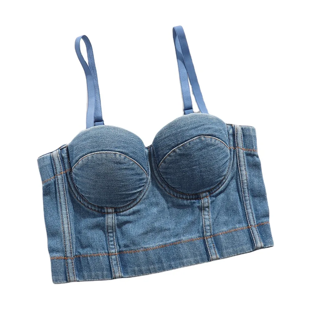 

Модный сексуальный Джинсовый корсет, укороченный топ, Женский бюстье без рукавов с открытой спиной и эффектом пуш-ап, топы 2023, сексуальные майки, уличная одежда