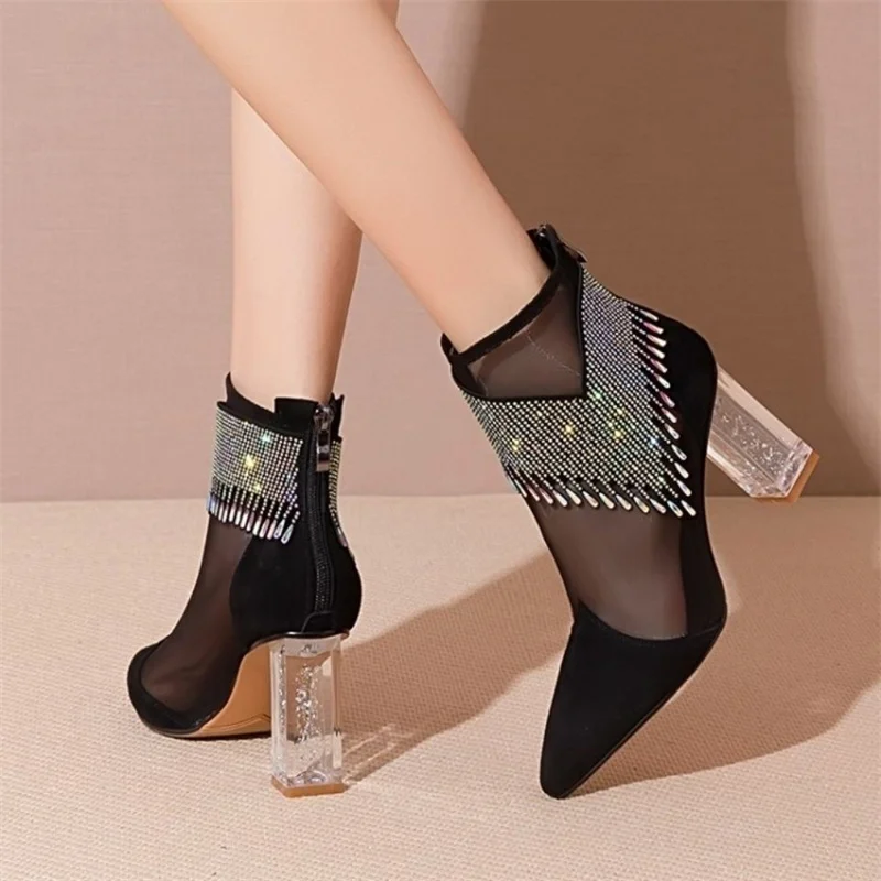 Summer Fashion Boots Women 2022 New Glitter Rhinestone Ladies Pointed Toe Chunky Heel Shoes Dress Party Female Mesh Sandals