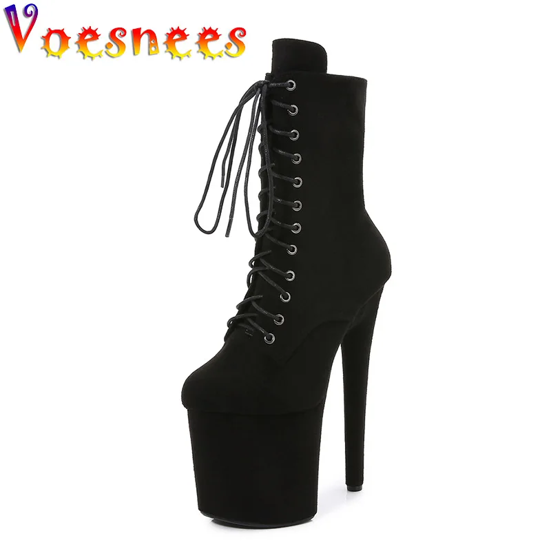 

Black Suede Lace Up Sexy Fetish Stripper Shoes Models Fashion Thin Heels Platform Single Boots 20CM Women Pole Dance Club Pumps