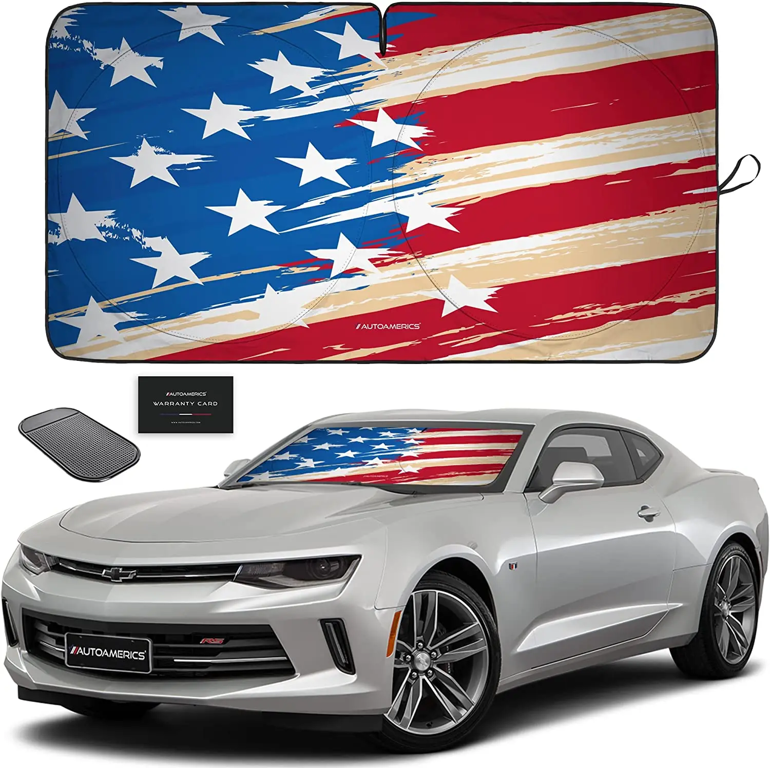 

Autoamerics 1-Piece Windshield Sun Shade USA Art Flag - 1 American Design - Foldable Car Front Window Sunshade for Most Sedans S